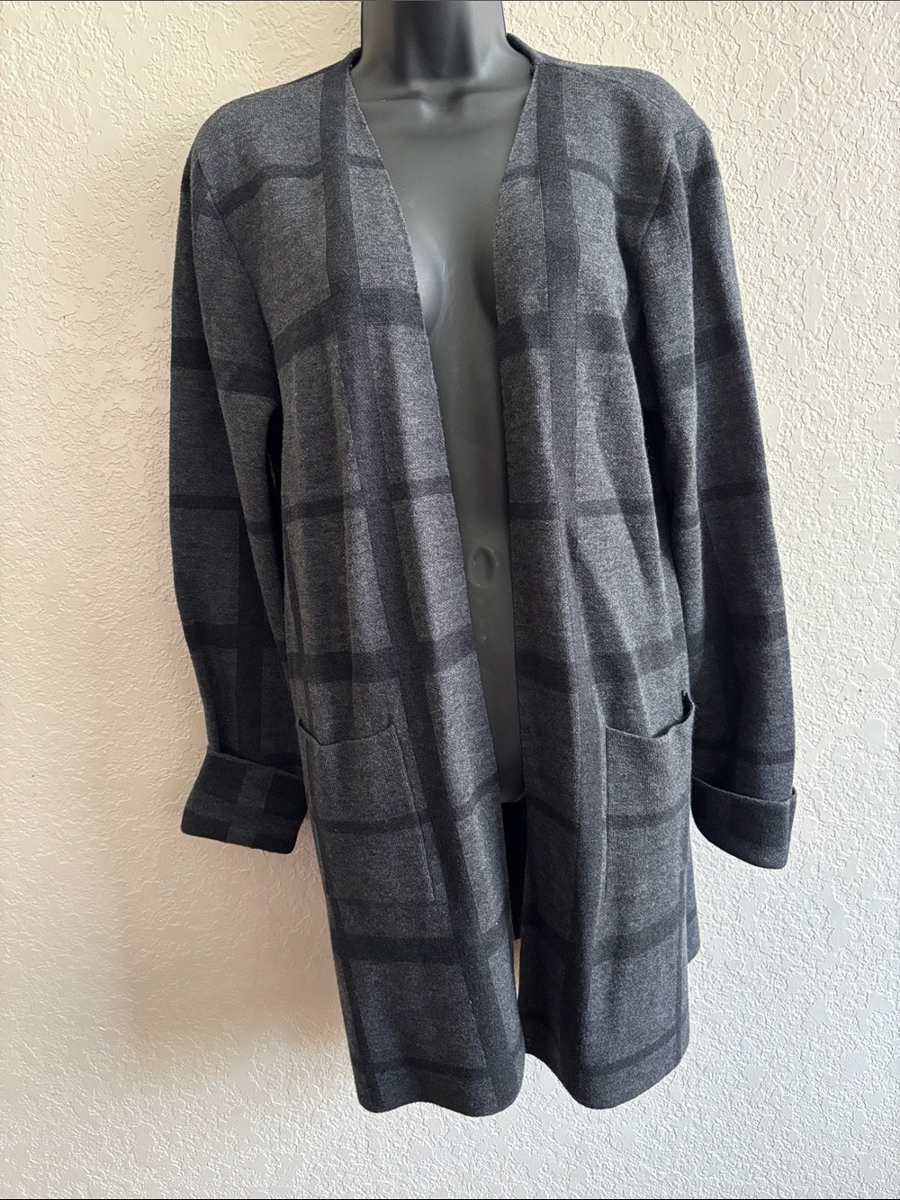 Apt. 9 Charcoal and Dark Gray Plaid Open-Front Cardigan